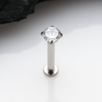 Detail View 1 of Implant Grade Titanium OneFit Threadless Gem Prong Set Top Flat Back Stud Labret-Clear Gem